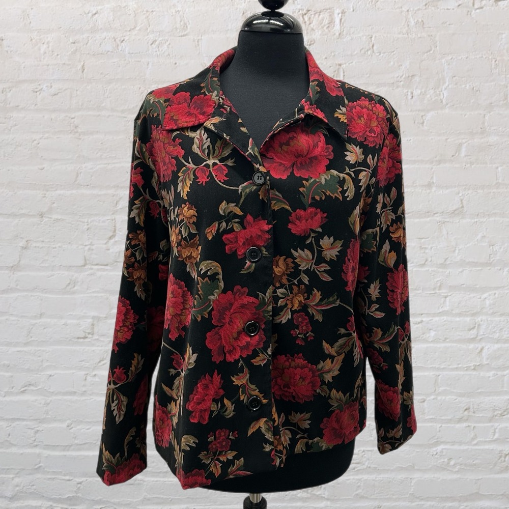 Vintage Floral Velvet Jacket Collared Button UP Red Black Rose PL Whimsigoth